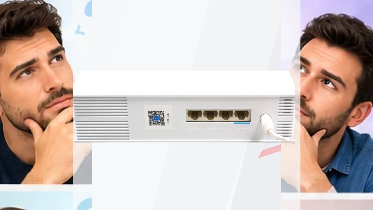 Router ZTE T5400 Blanco WiFi 6 AX3000 Doble Banda, vista trasera: puertos LAN/WAN, rejillas ventilación y código QR ZTELink