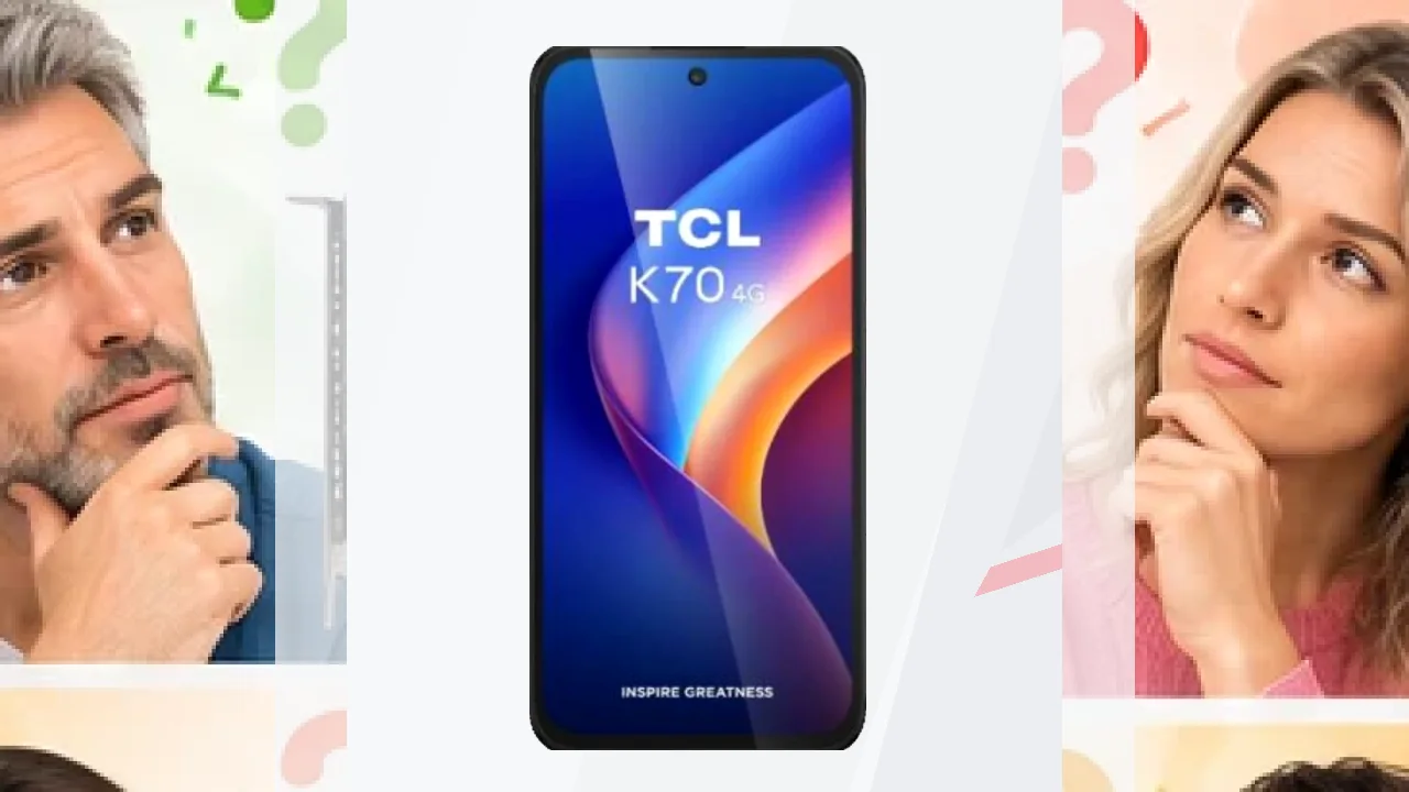 TCL K70 5G 4GB/128GB Negro 6,8 pulgadas 5200mAh 50MP, vista frontal: pantalla encendida con logo TCL K70 y cámara perforada
