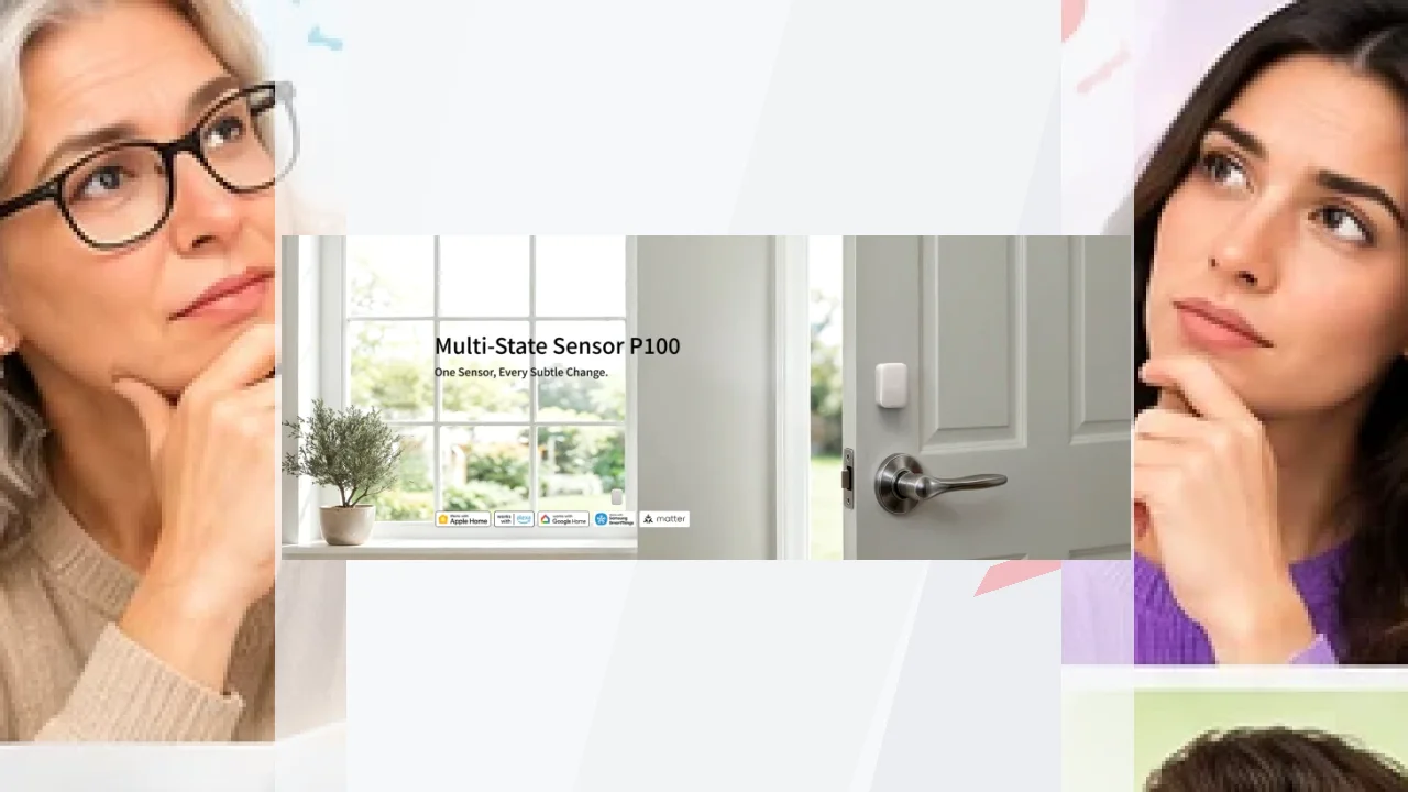 Sensor inteligente Aqara Multi-State P100 Kit Gris Zigbee y Thread, escena: instalado en puerta blanca con logos