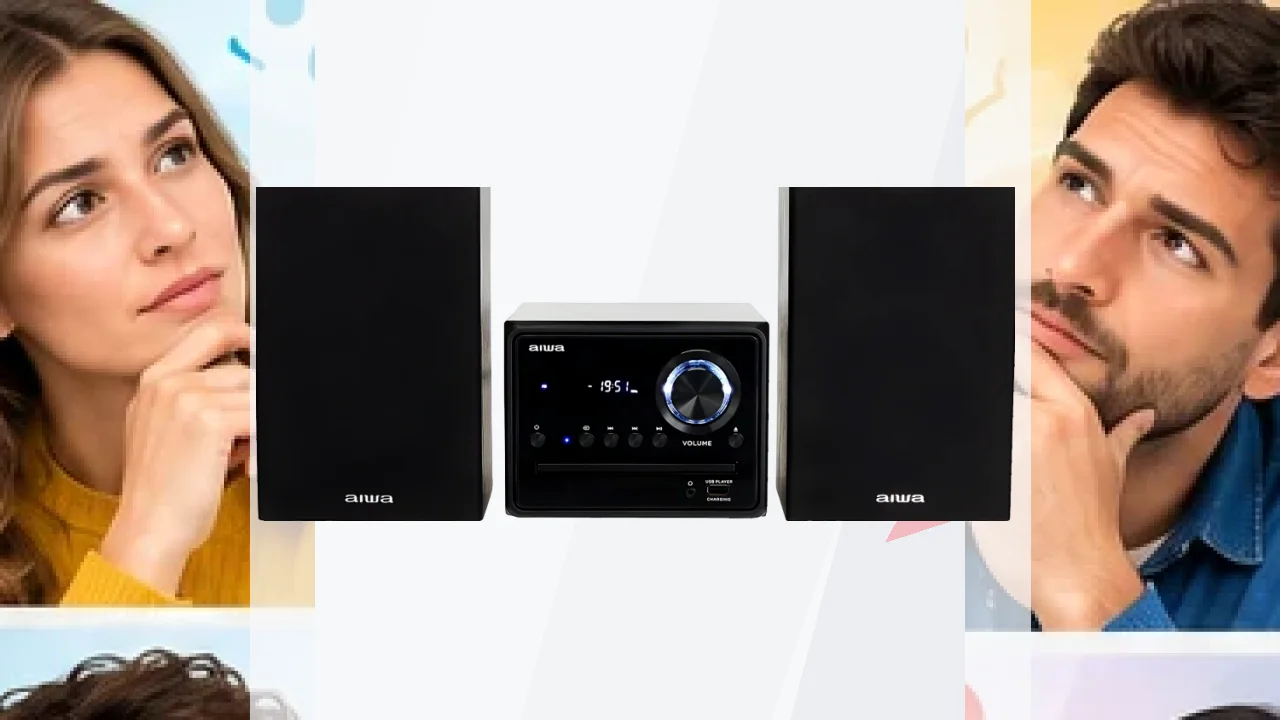 Microcadena AIWA 20W Bluetooth Negro MSBTU-300, vista frontal: unidad central con display, mando de volumen y dos altavoces